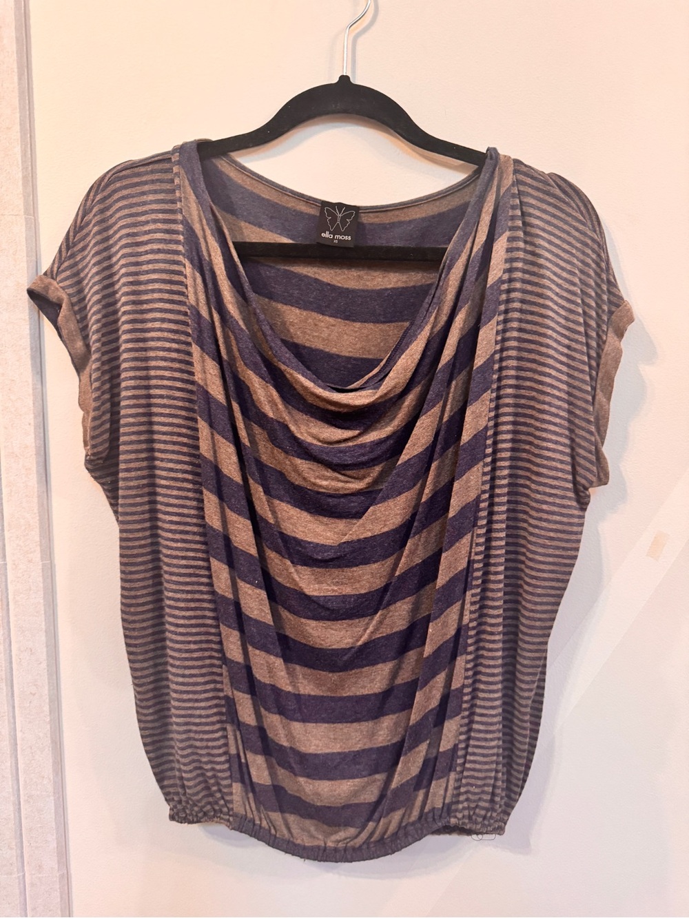 Ella Moss Striped Draped Cowl Neck Top in Heathered Blue and Taupe